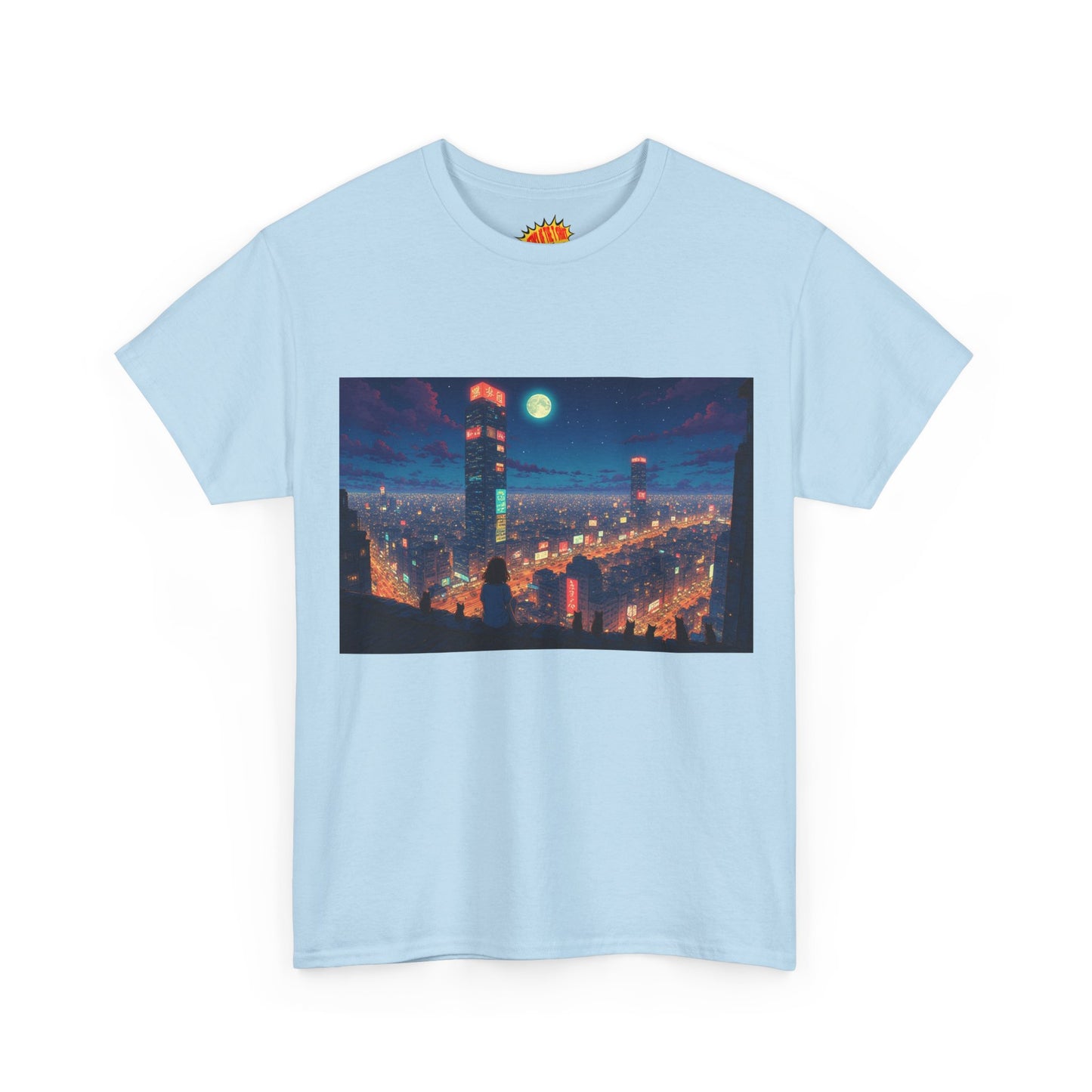 Neon Anime Style City Scene w/Girl & Cats T-Shirt *Multiple Colors*