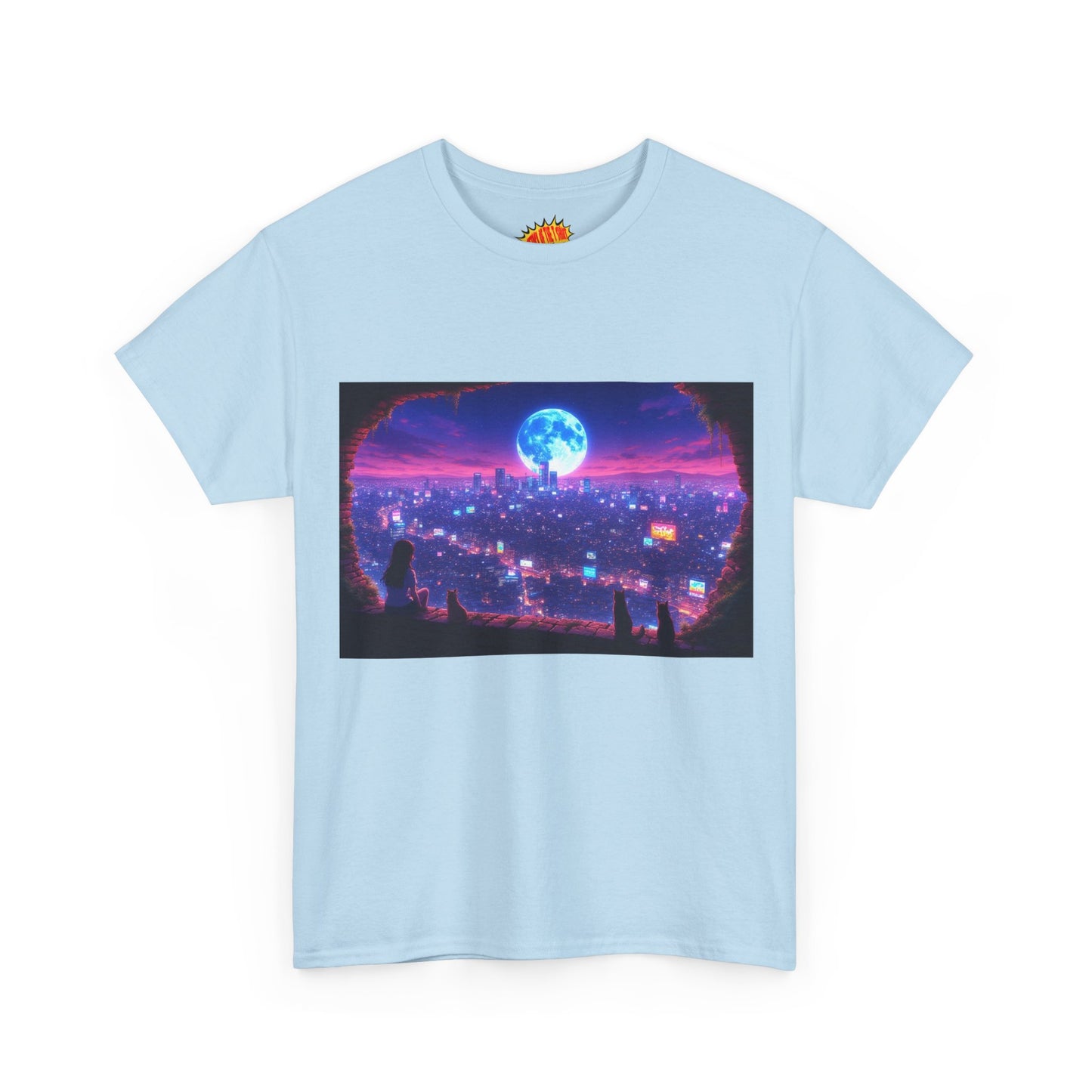 Neon Anime Cityscape Full Moon Scene w/Girl & Cats T-Shirt *Multiple Colors*