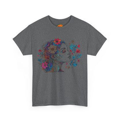 Multicolor Line Drawing Human Graphic Flower Art Tee Shirt
