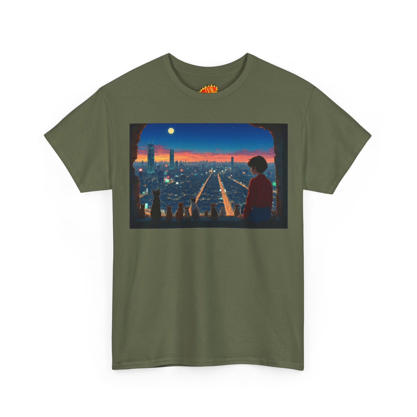 Neon Cityscape Anime Scene w/Girl & Cats T-Shirt *Multiple Colors*