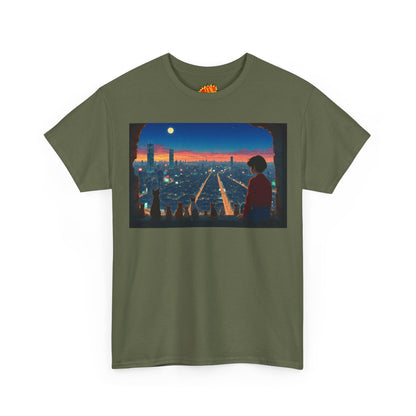 Neon Cityscape Anime Scene w/Girl & Cats T-Shirt