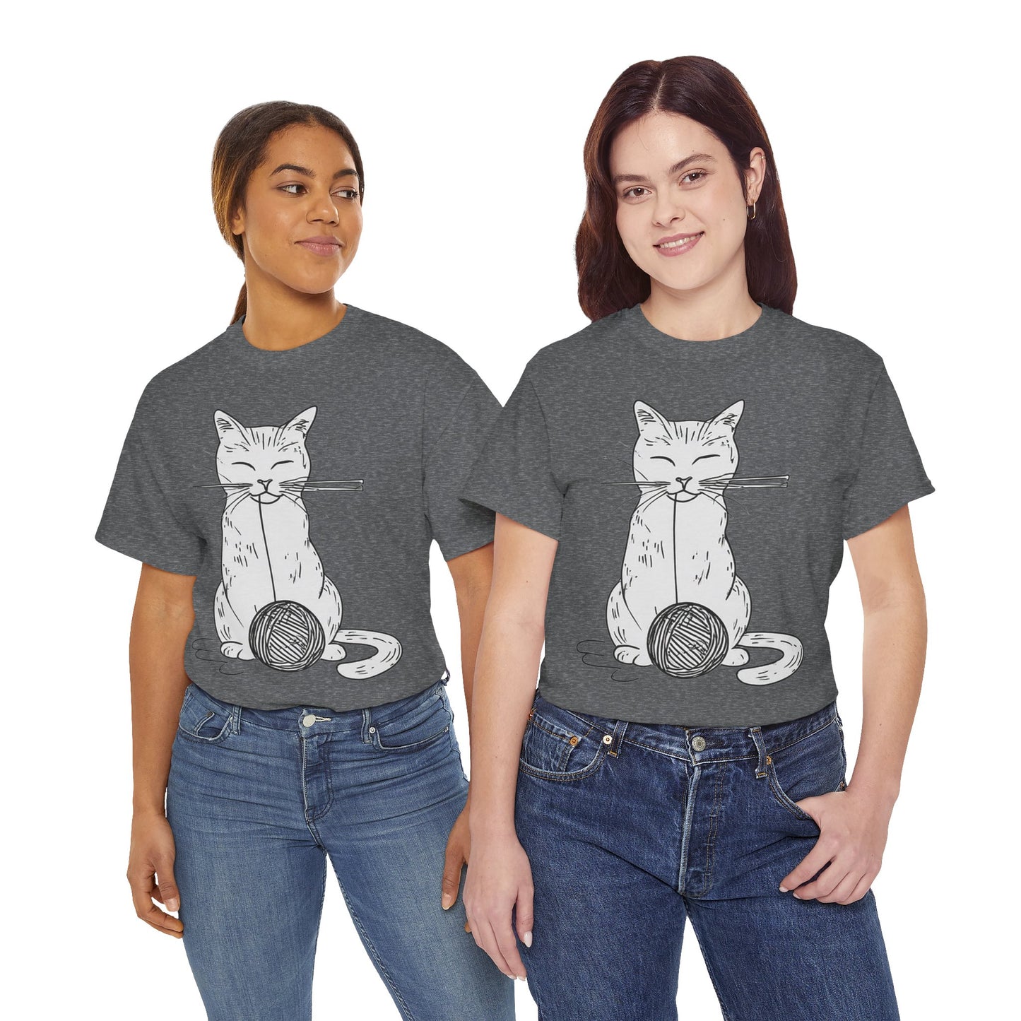White Cat w/Yarn Ball Art Drawing Tee Shirt *Multiple Colors*