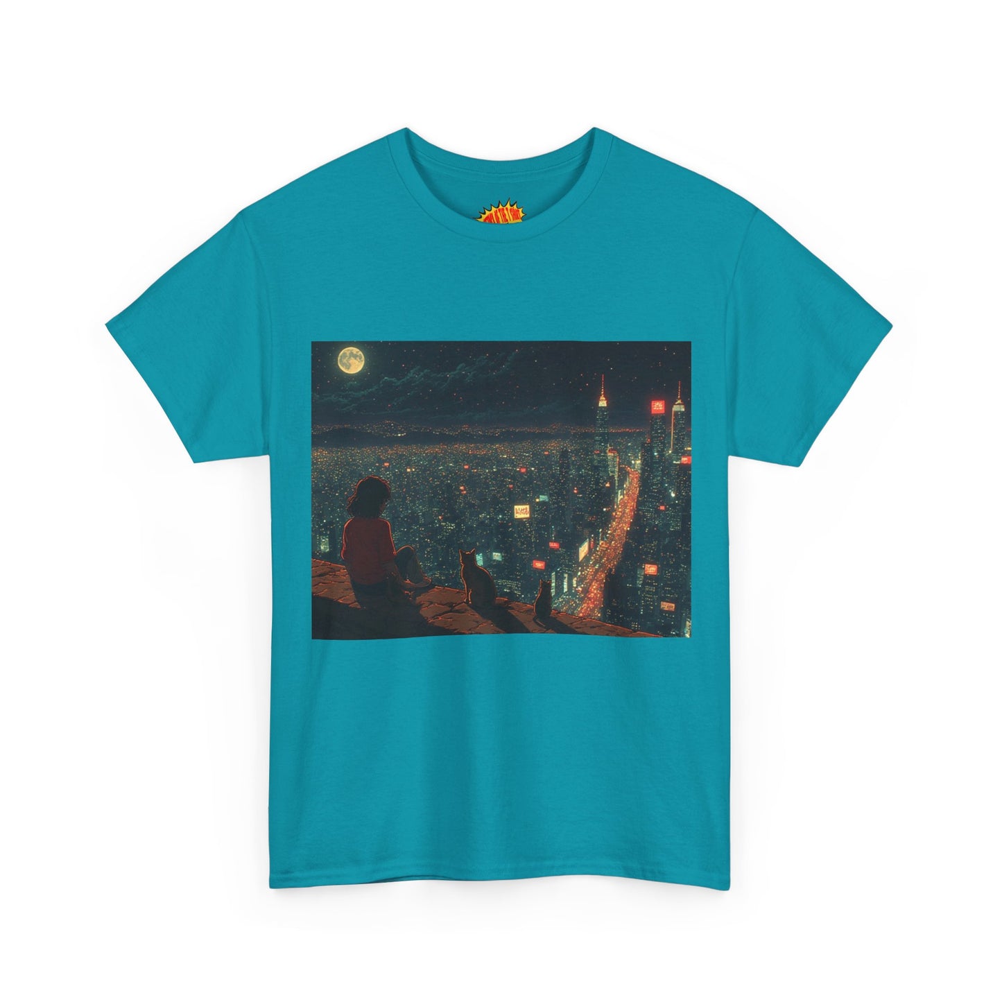 Anime Nighttime Cityscape w/Cats T-Shirt *Multiple Colors*