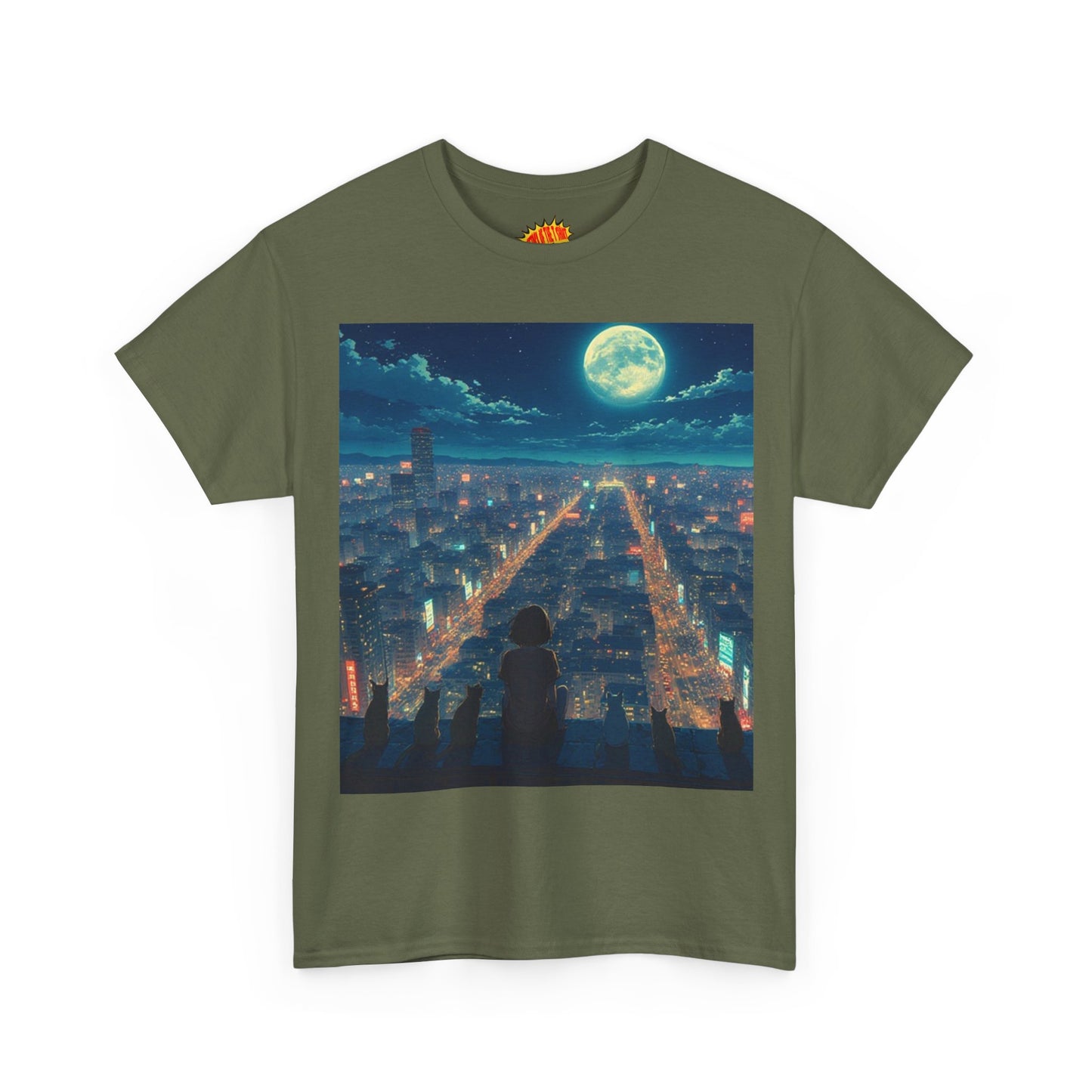 Anime City Full Moon Scene w/Girl & Cats T-Shirt *Multiple Colors*