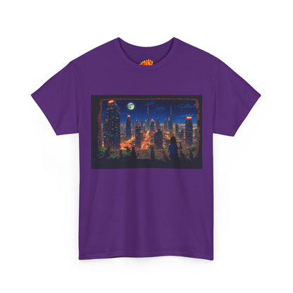 Neon Anime Cityscape Full Moon w/Girl & Cats T-Shirt