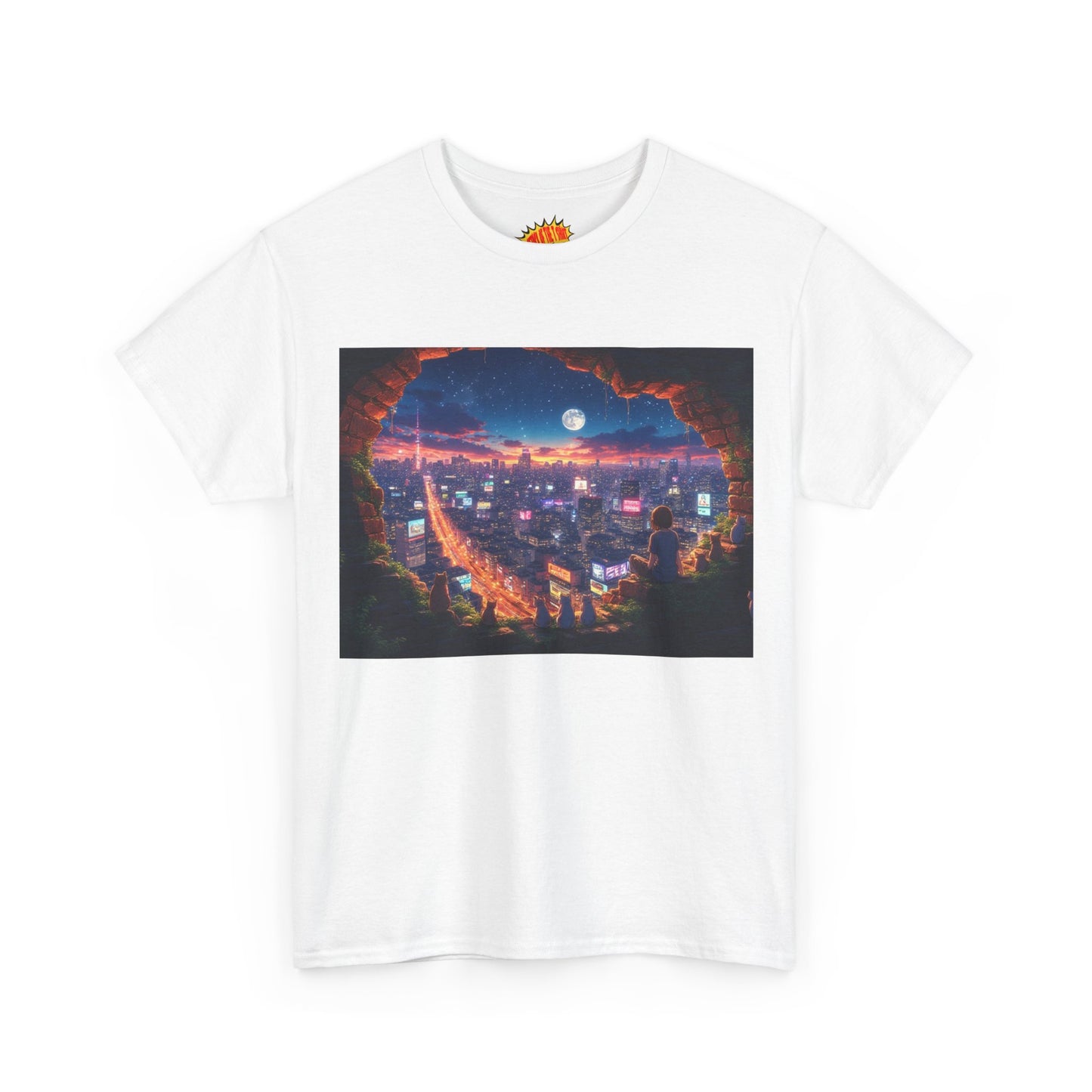 Anime Neon City Nighttime Scene w/Girl & Cats T-Shirt *Multiple Colors*