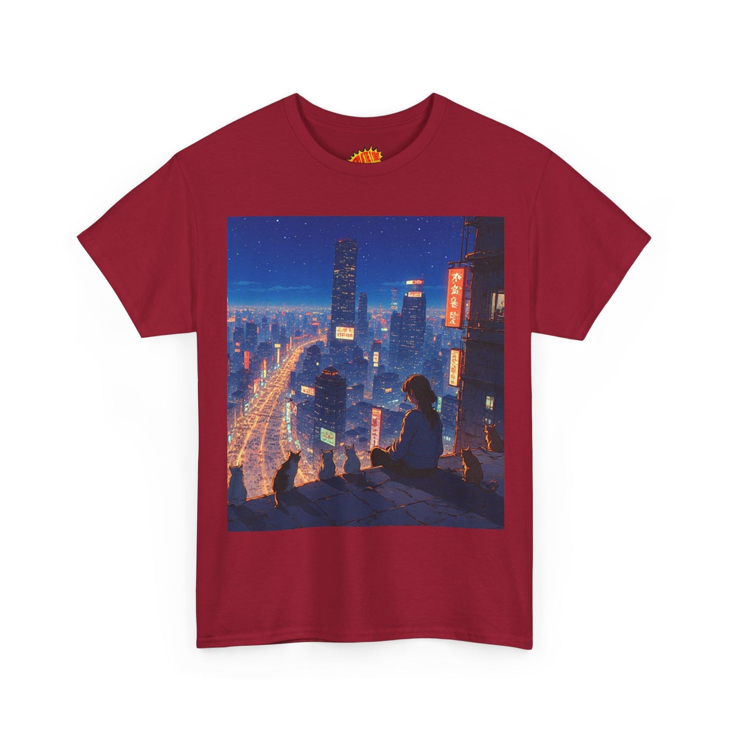Neon Anime City Night Scene w/Girl & Cats T-Shirt *Multiple Colors*