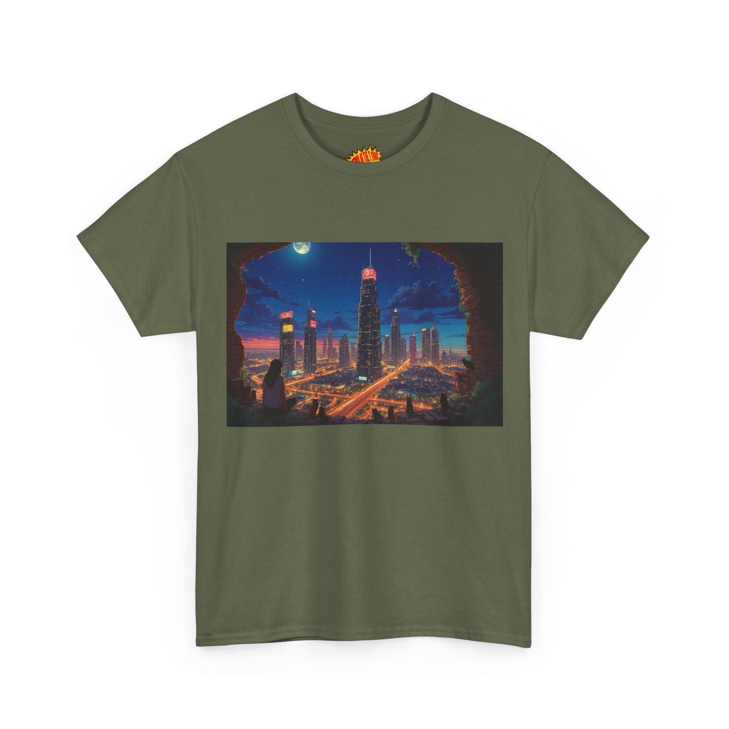 Anime Cityscape Night Scene w/Girl & Cats T-Shirt *Multiple Colors*