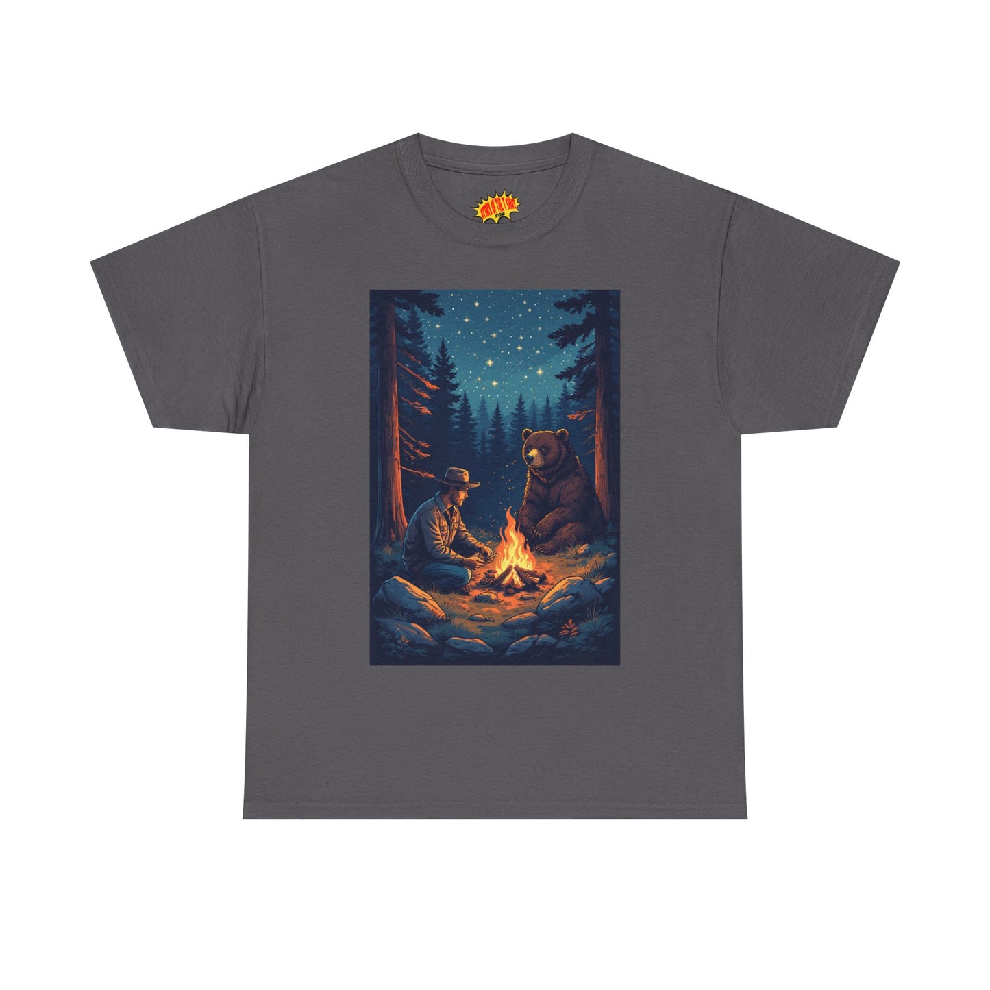 Cowboy w/ Brown Bear Campfire Scene T-Shirt *Multiple Colors*