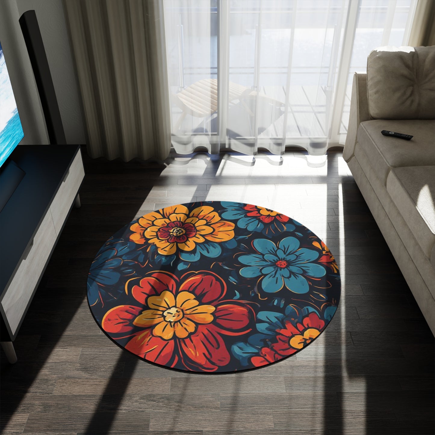 Retro Flower Pattern 70's Style Area Rug - 60in Diameter Round Rug