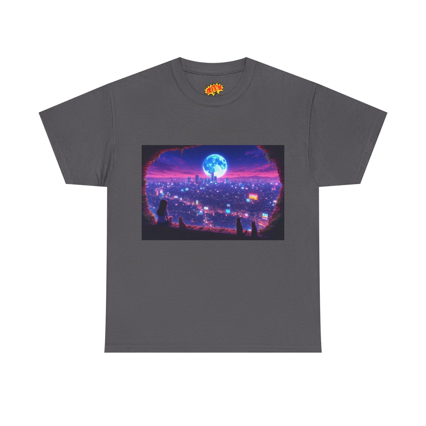 Neon Anime Cityscape Full Moon Scene w/Girl & Cats T-Shirt *Multiple Colors*