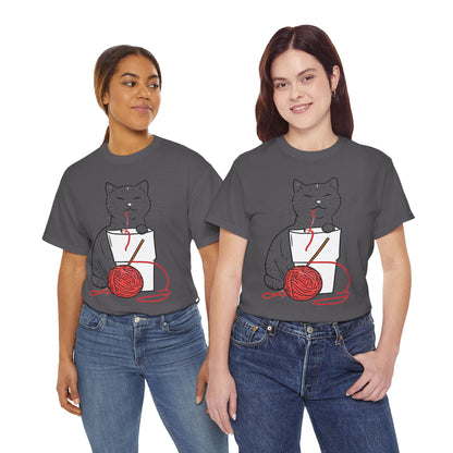 Cat w/Noodle Cup + Yarn Ball Art Drawing Tee Shirt