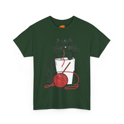 Cat w/Noodle Cup + Yarn Ball Art Drawing Tee Shirt