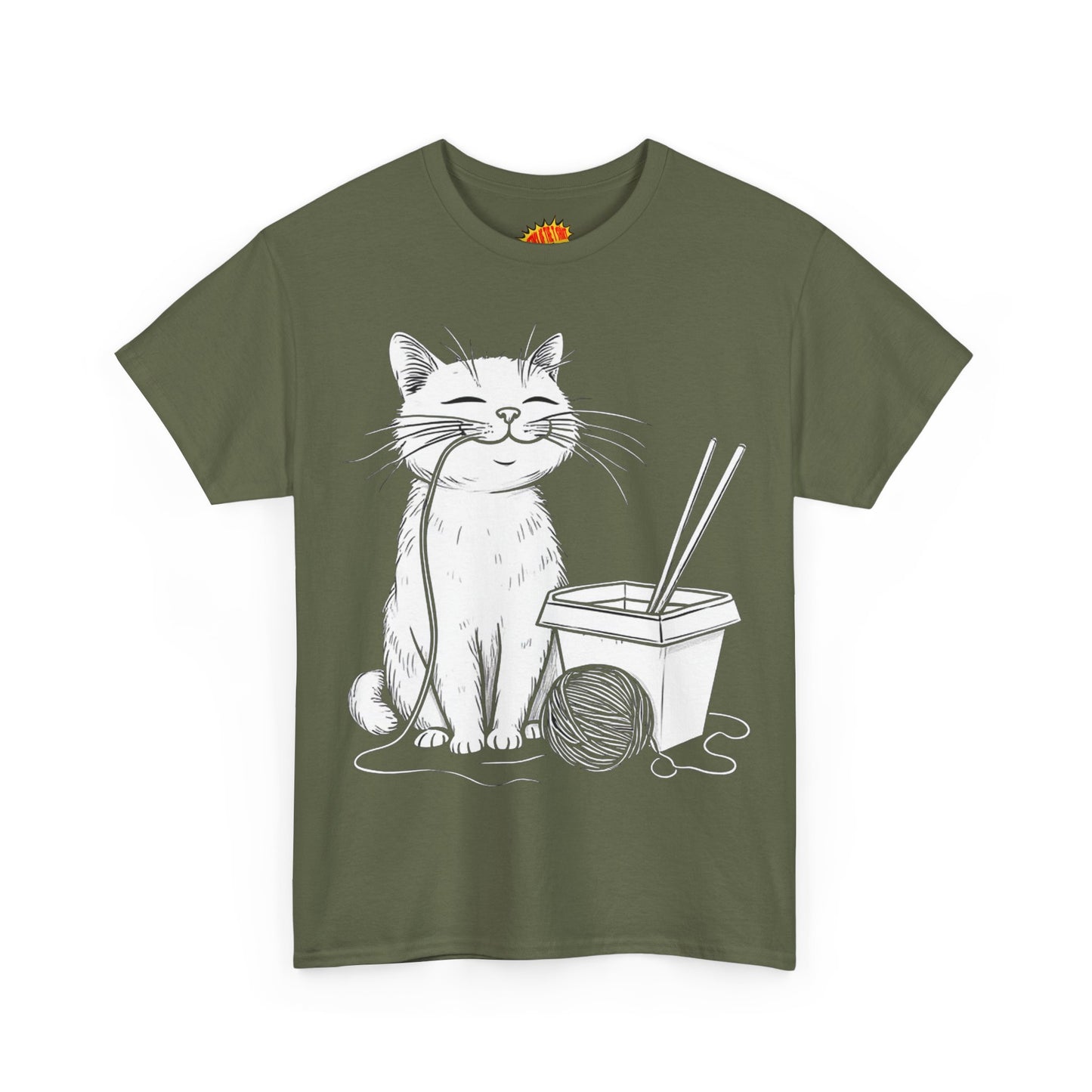 Happy Cat w/Noodles + Yarn Ball Art Drawing Tee Shirt *Multiple Colors*