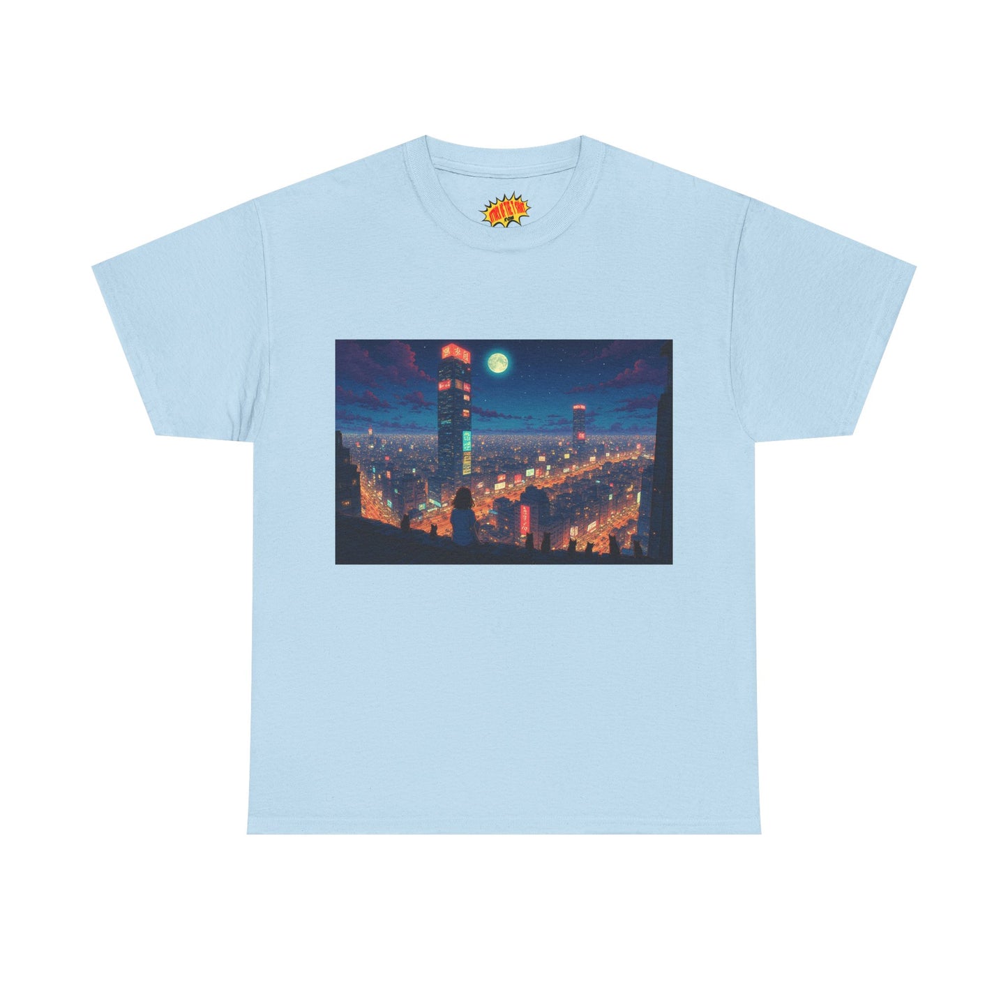 Neon Anime Style City Scene w/Girl & Cats T-Shirt *Multiple Colors*