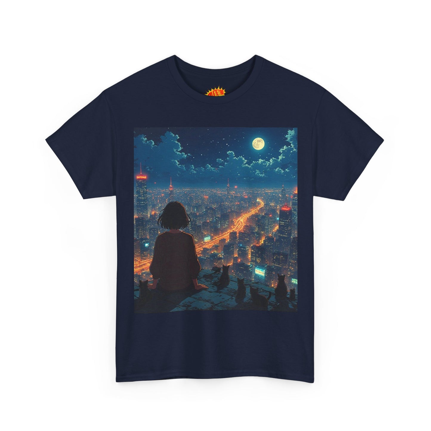 Neon City Anime Night Scene w/Girl & Cats T-Shirt *Multiple Colors*