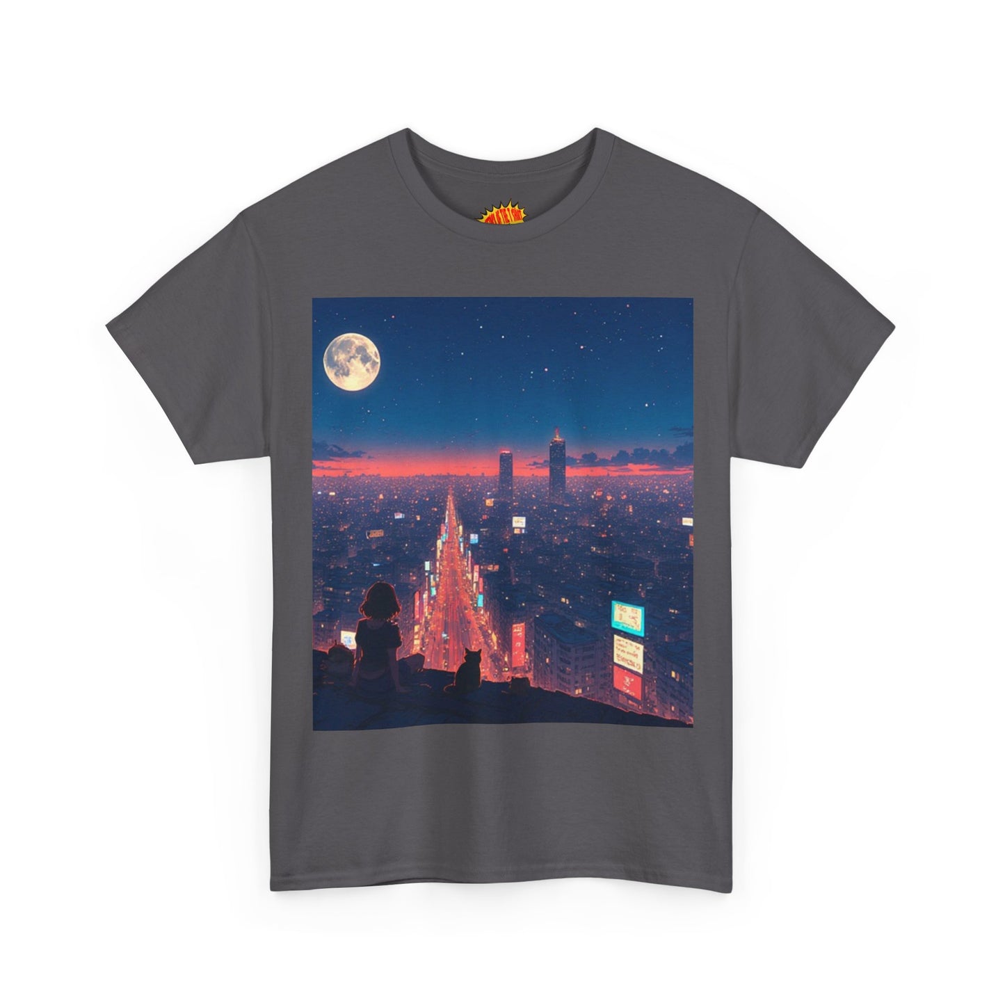 Anime Neon City Night Scene w/Girl & Cats T-Shirt *Multiple Colors*
