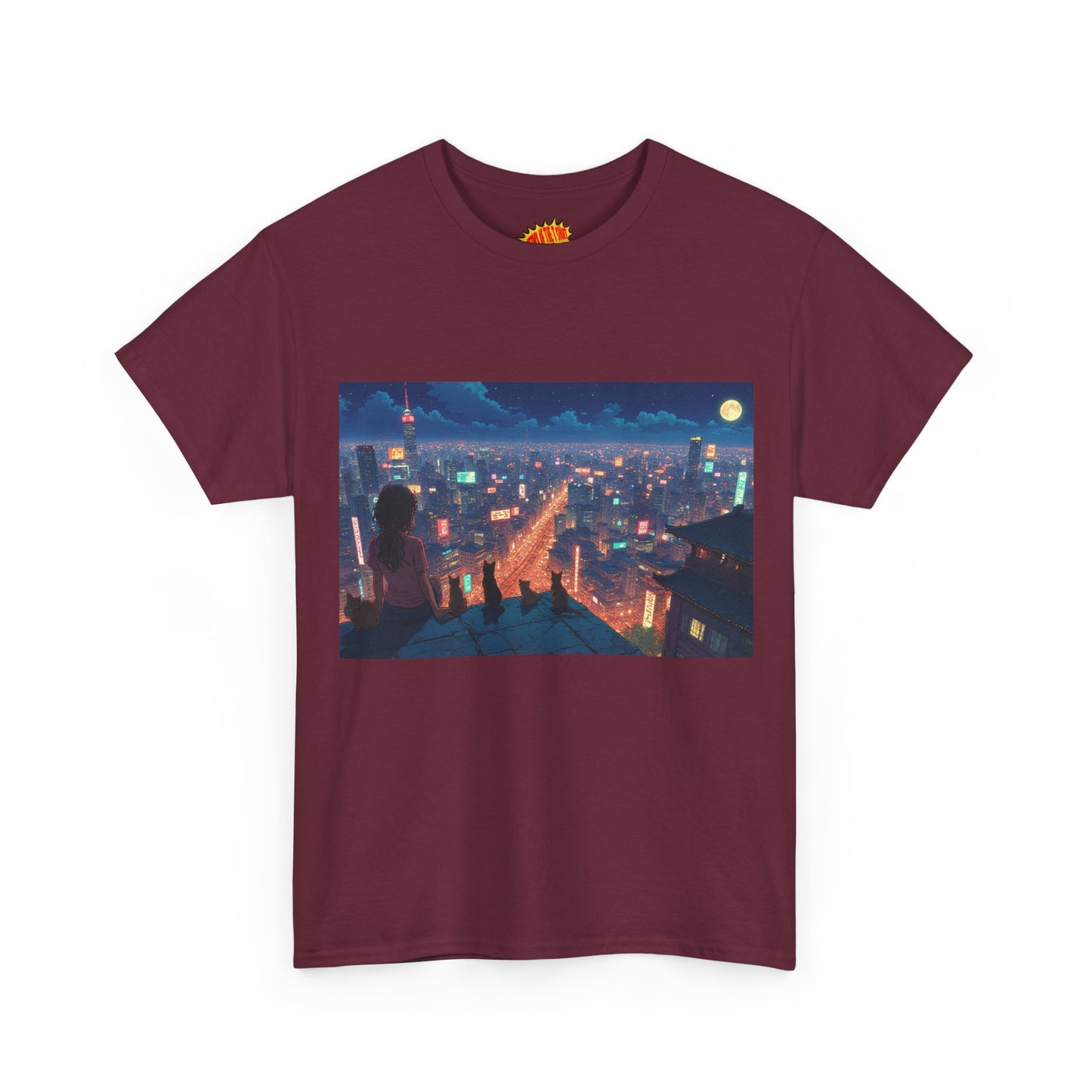 Anime Neon Cityscape Scene w/Girl & Cats T-Shirt *Multiple Colors*