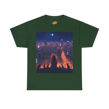 Neon City Anime Nighttime Scene w/Girl & Cats T-Shirt