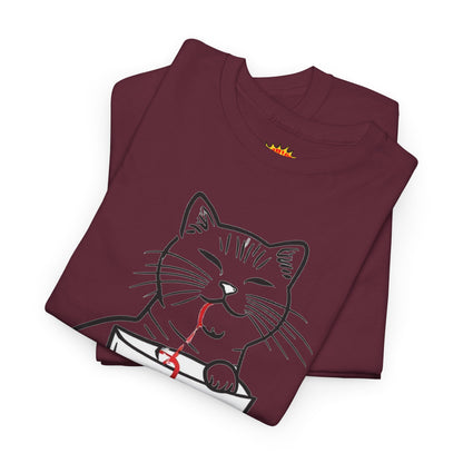 Cat w/Noodle Cup + Yarn Ball Art Drawing Tee Shirt