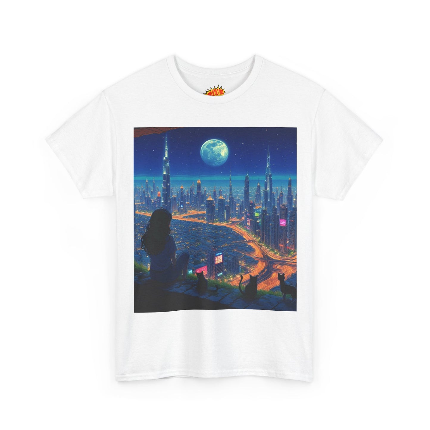 Anime City Full Moon Scene w/Girl & Cats T-Shirt *Multiple Colors*