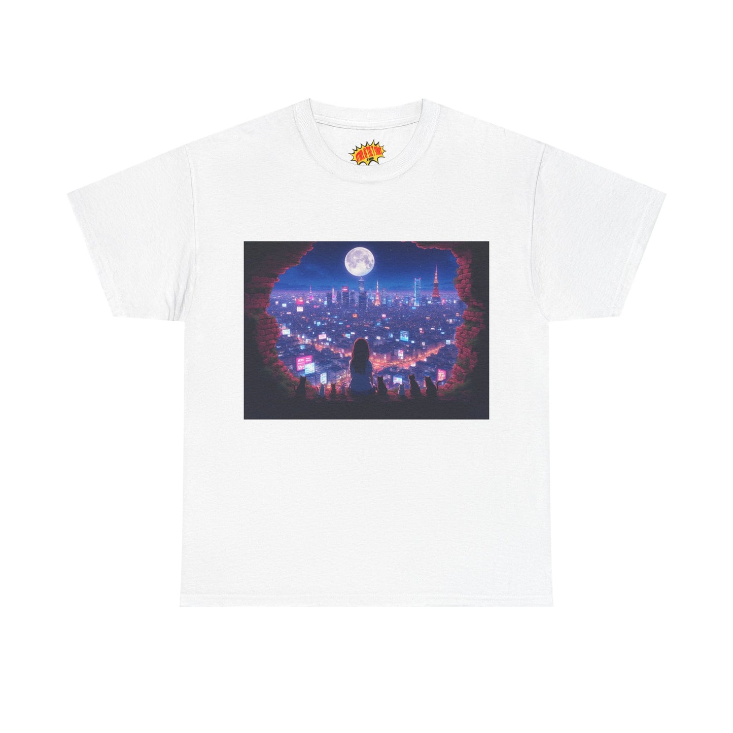 Neon Anime City Night Scene w/Girl & Cats T-Shirt *Multiple Colors*