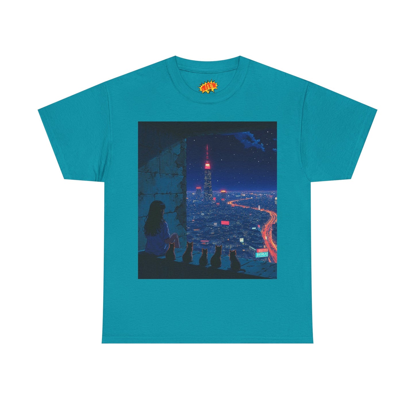 Anime Cityscape Night Scene w/Girl & Cats T-Shirt *Multiple Colors*