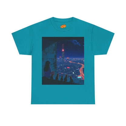 Anime Cityscape Night Scene w/Girl & Cats T-Shirt