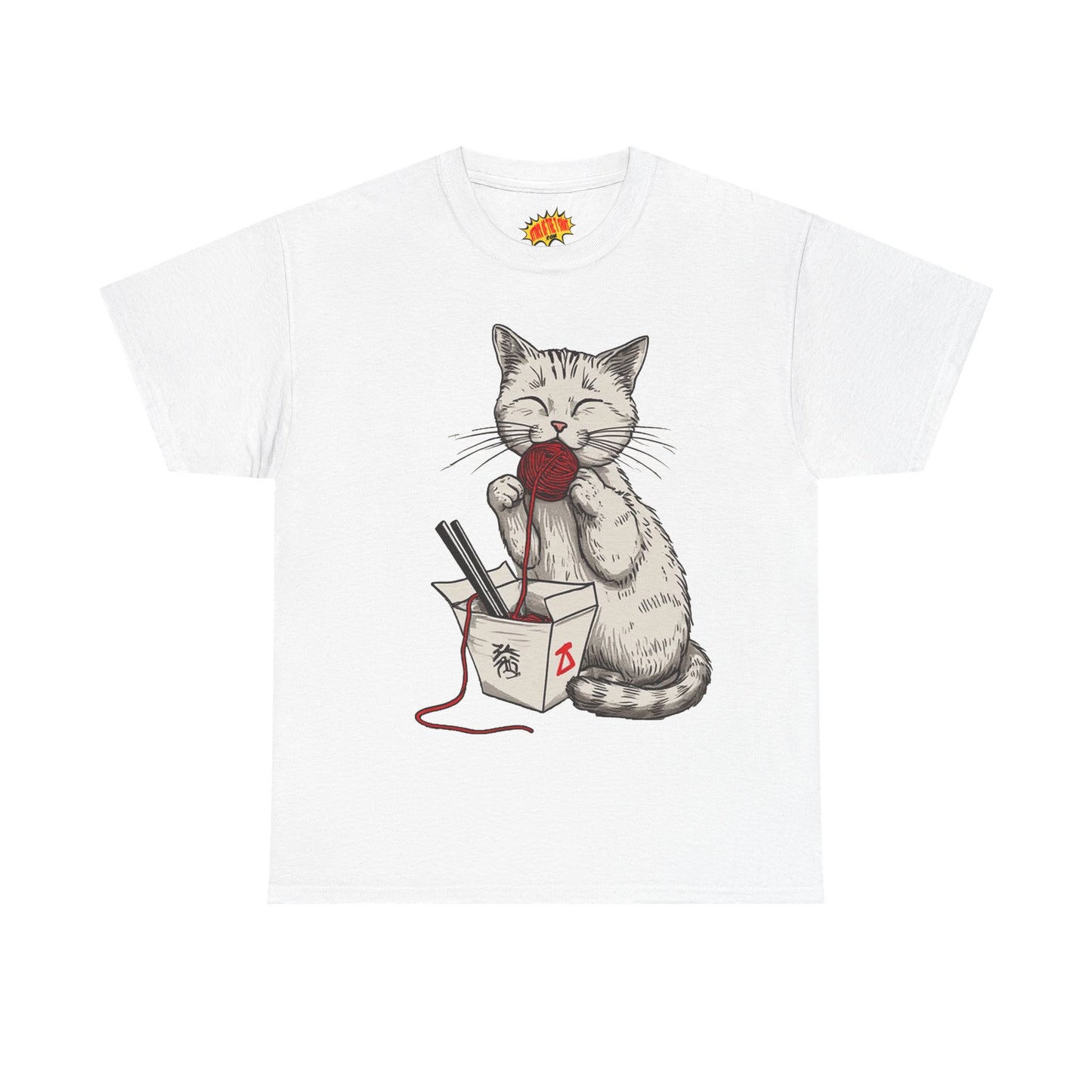 Cat w/Takeout Yarn Noodles Art Tee Shirt *Multiple Colors*