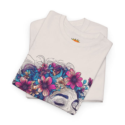 Multicolor Line Drawing Human Flower Graphic Art Tee Shirt
