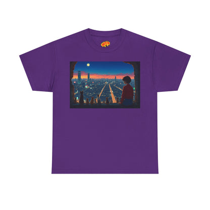 Neon Cityscape Anime Scene w/Girl & Cats T-Shirt
