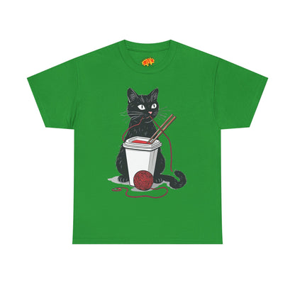 Black Cat w/Noodles + Yarn Ball Art Drawing Tee Shirt