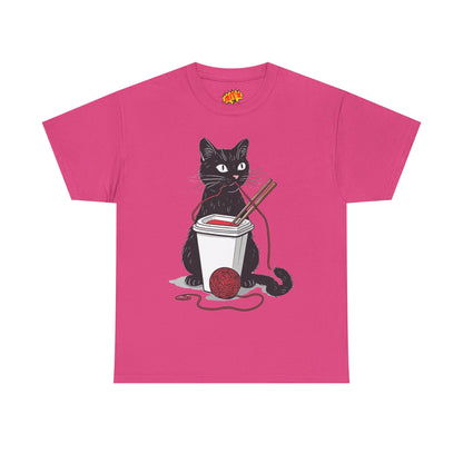 Black Cat w/Noodles + Yarn Ball Art Drawing Tee Shirt