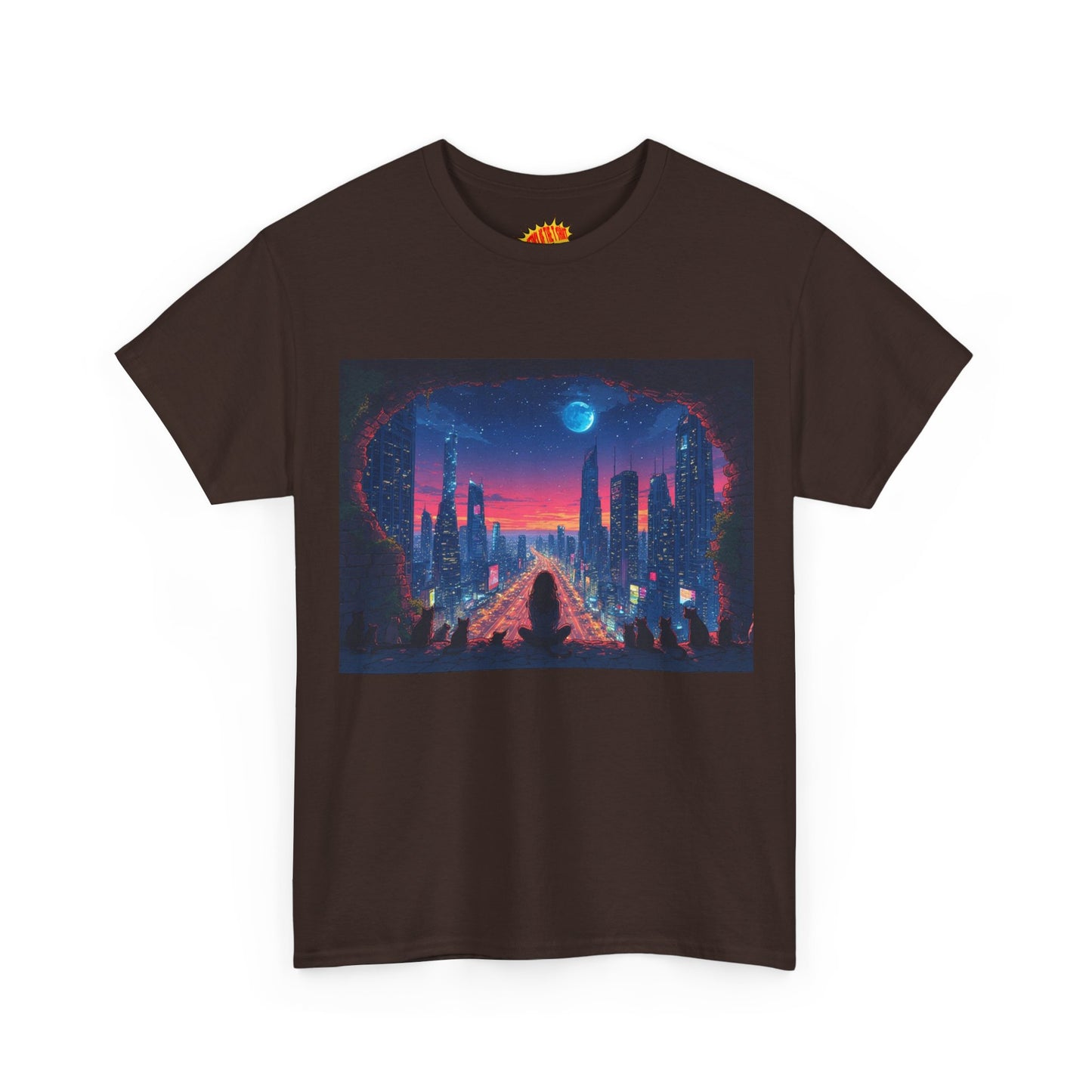 Anime Neon Cityscape Full Moon w/Girl & Cats T-Shirt *Multiple Colors*