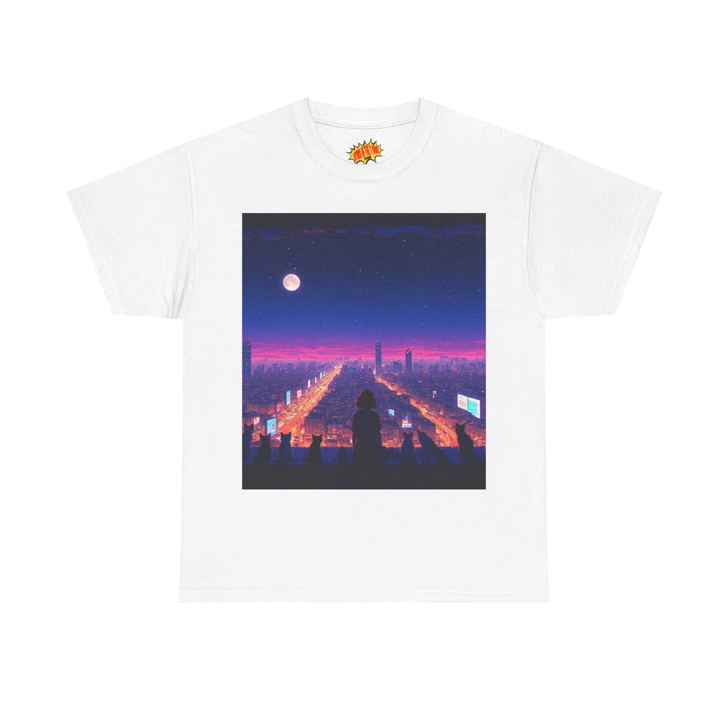 Anime City Full Moon Scene w/Girl & Cats T-Shirt *Multiple Colors*