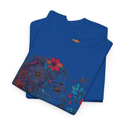 Multicolor Line Drawing Human Graphic Flower Art Tee Shirt