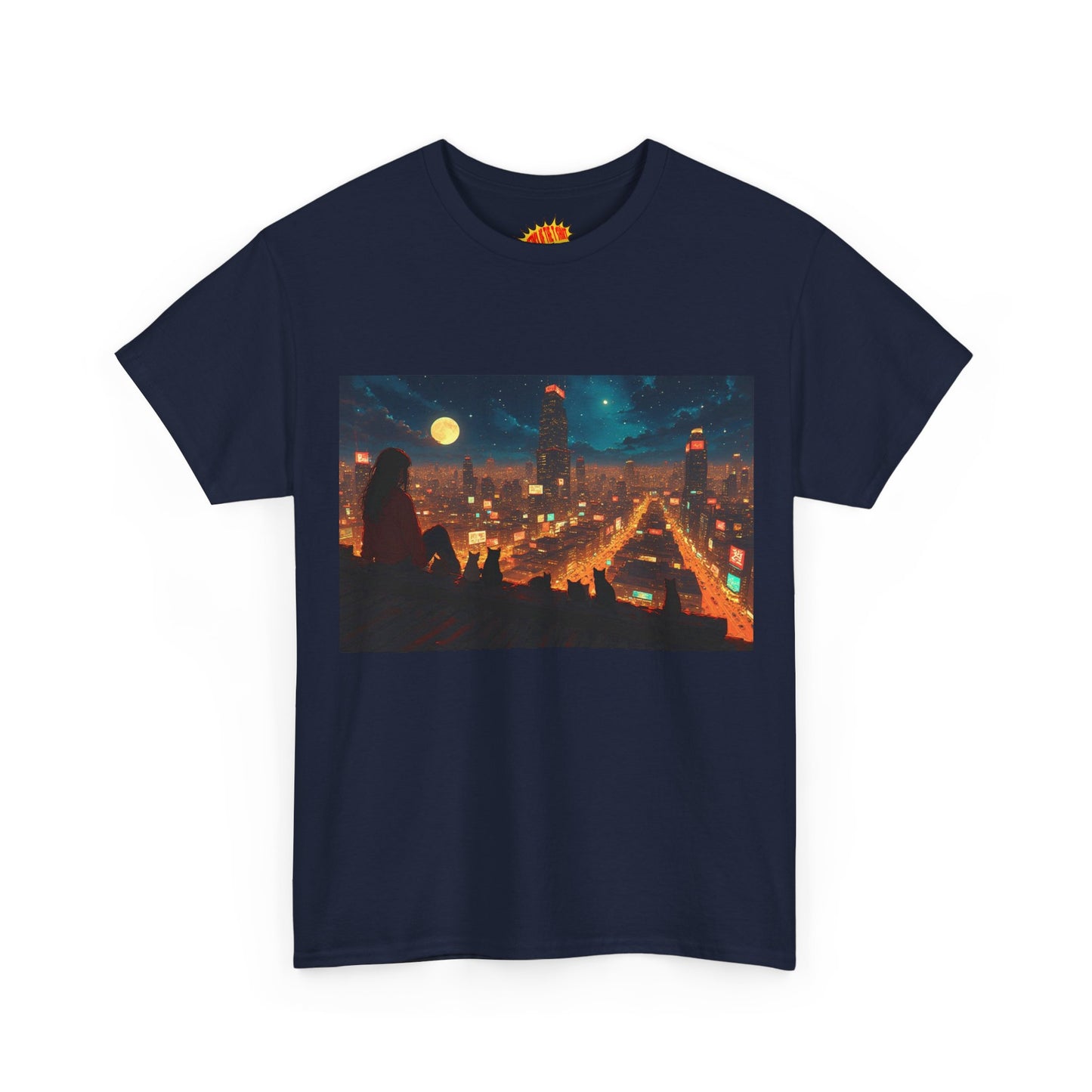 Anime Style Neon City Scene w/Girl & Cats T-Shirt *Multiple Colors*
