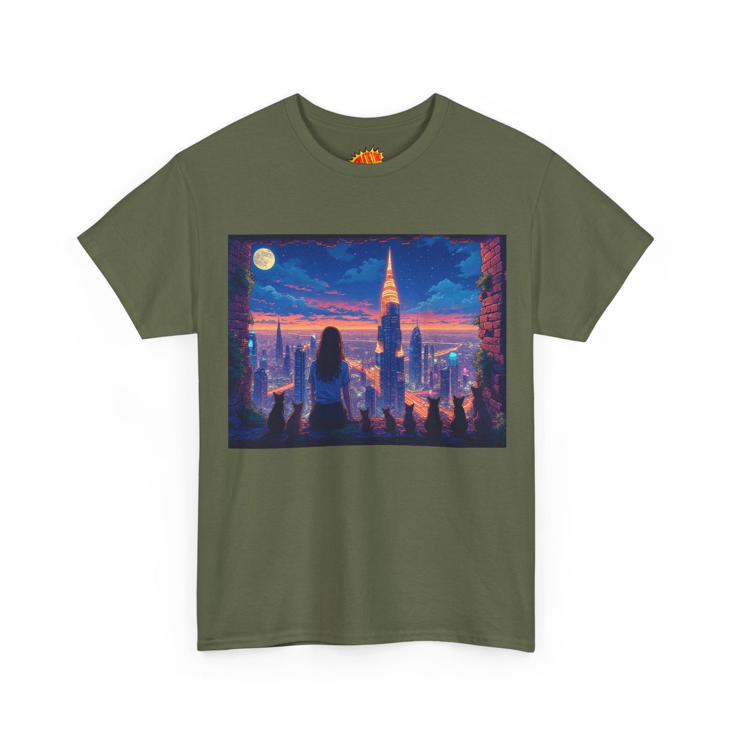 Anime Neon City Full Moon Scene w/Girl & Cats T-Shirt *Multiple Colors*