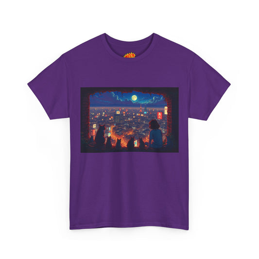 Cityscape Anime Nighttime Scene w/Girl & Cats T-Shirt *Multiple Colors*