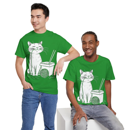 Happy Cat w/Noodles + Yarn Ball Art Drawing Tee Shirt