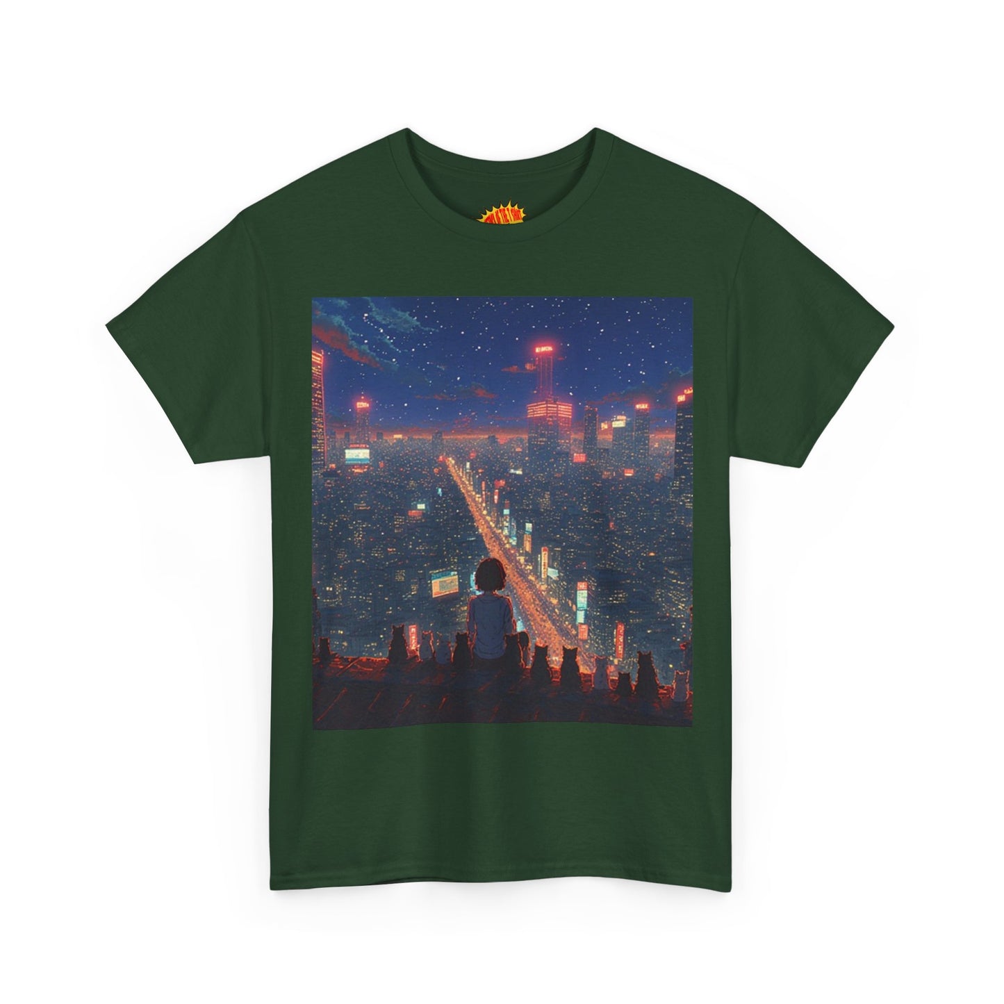 Nighttime Neon Anime City Scene w/Girl & Cats T-Shirt *Multiple Colors*