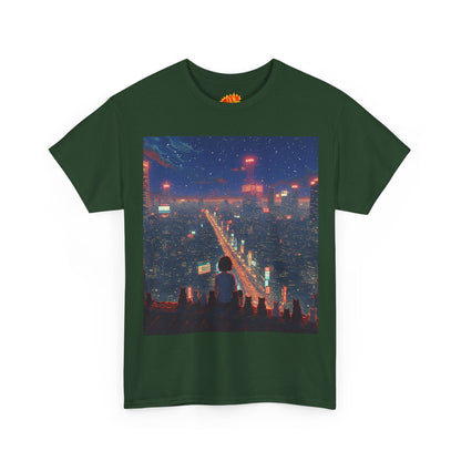 Nighttime Neon Anime City Scene w/Girl & Cats T-Shirt