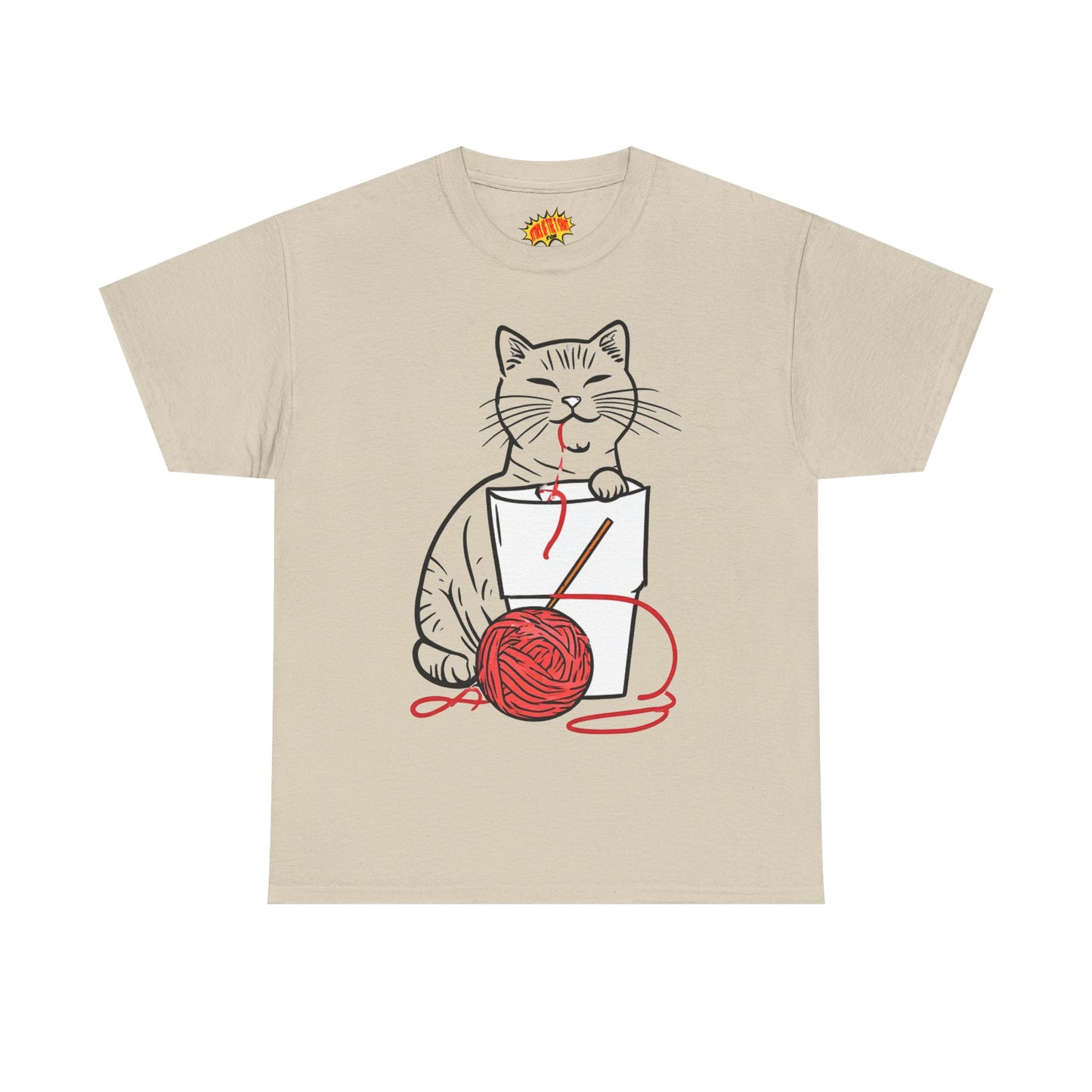 Cat w/Noodle Cup + Yarn Ball Art Drawing Tee Shirt *Multiple Colors*