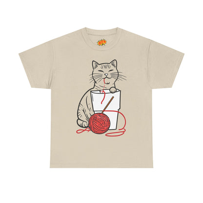 Cat w/Noodle Cup + Yarn Ball Art Drawing Tee Shirt