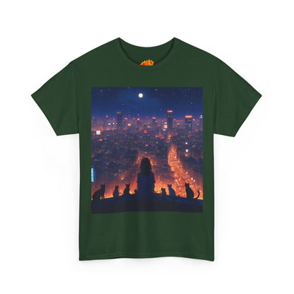 Neon City Anime Nighttime Scene w/Girl & Cats T-Shirt