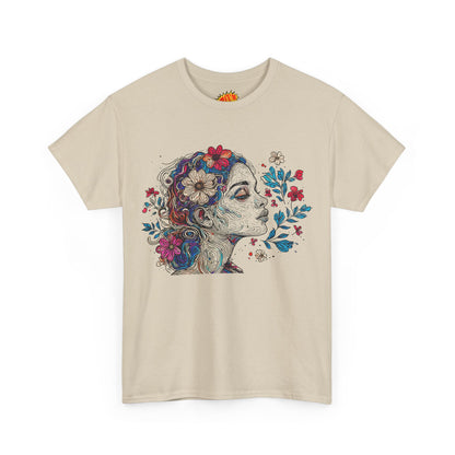 Multicolor Line Drawing Human Graphic Flower Art Tee Shirt