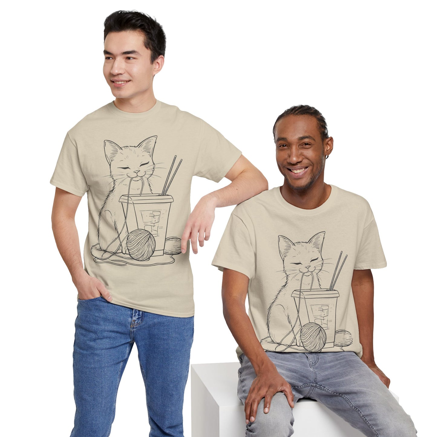 Cat w/Takeout + Yarn Ball Line Drawing Tee Shirt *Multiple Colors*
