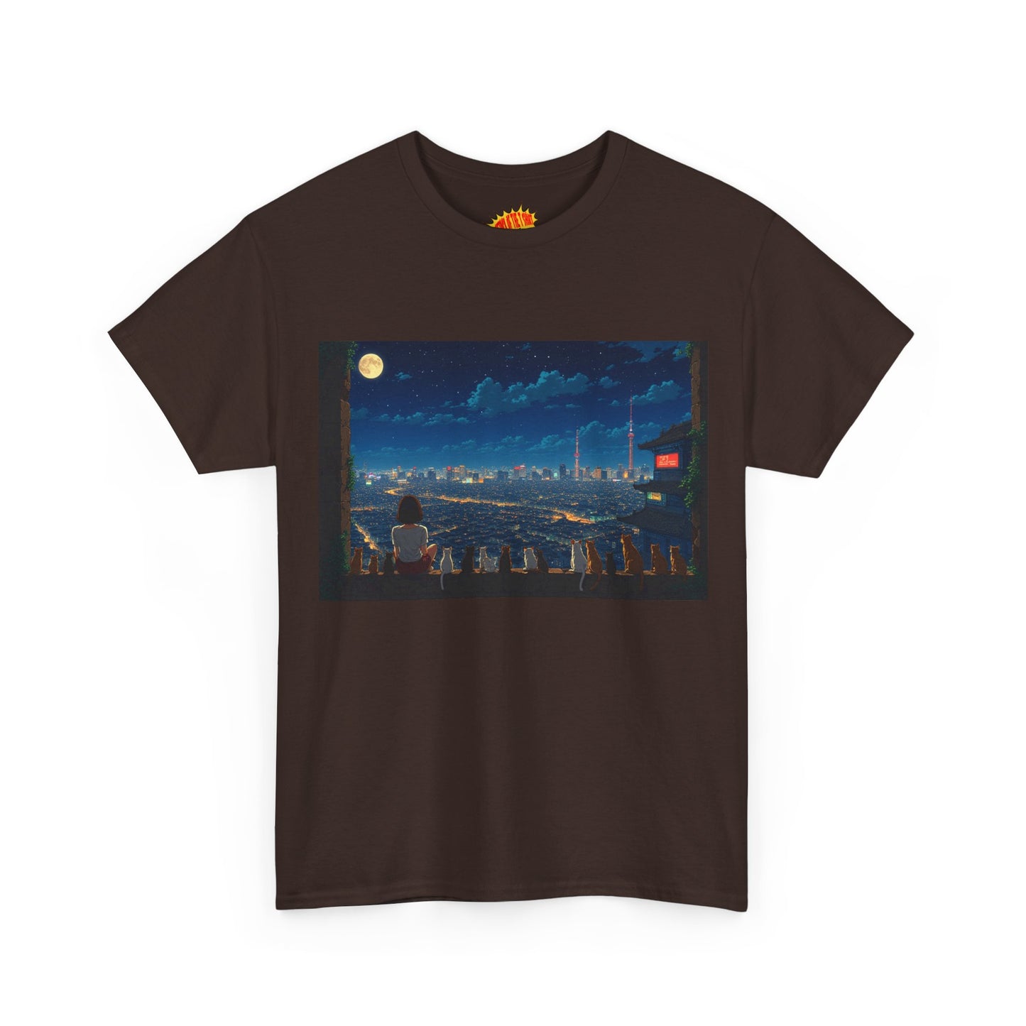Anime City Night Sky Scene w/Girl & Cats T-Shirt *Multiple Colors*