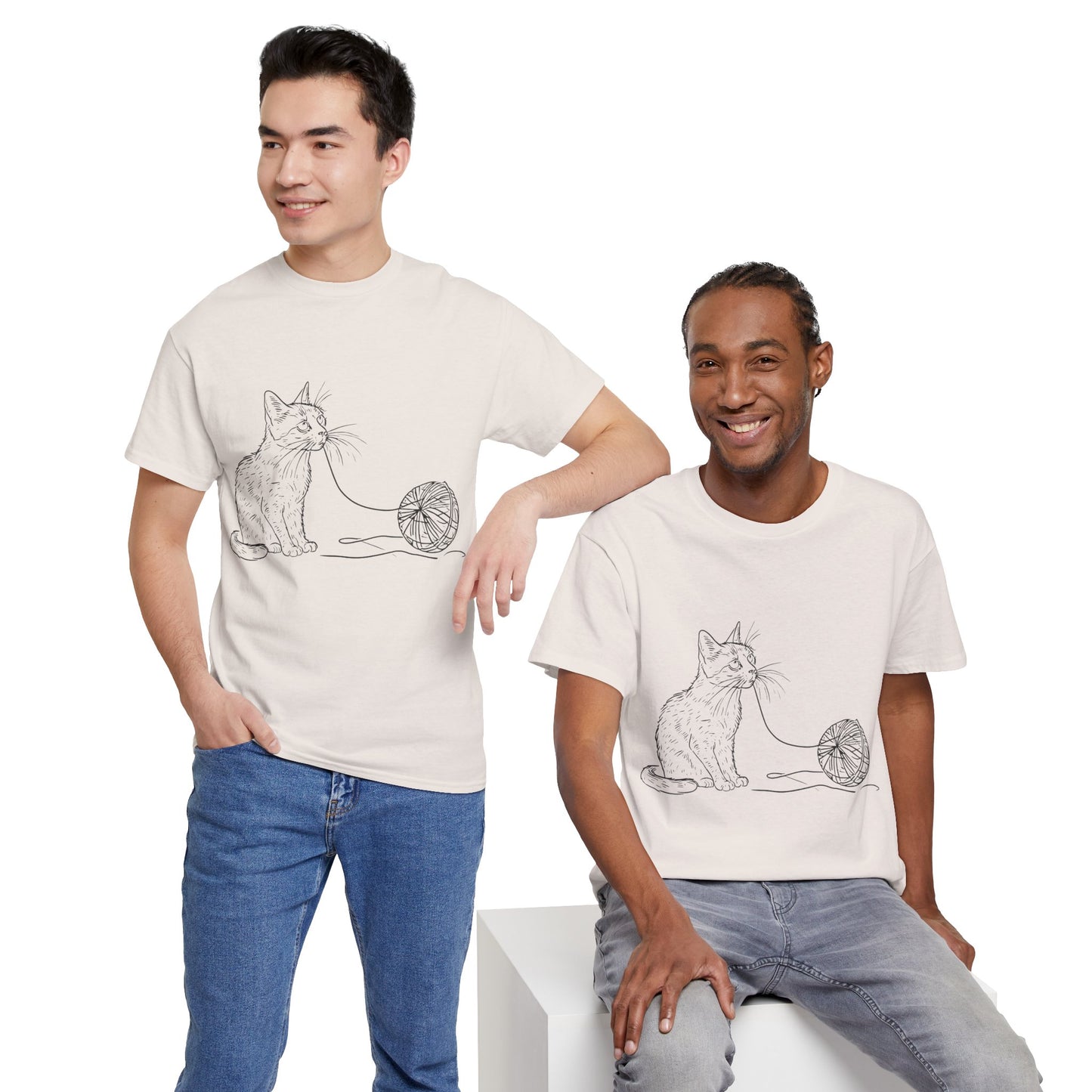 Cat w/Yarn Line Drawing Art Tee Shirt *Multiple Colors*