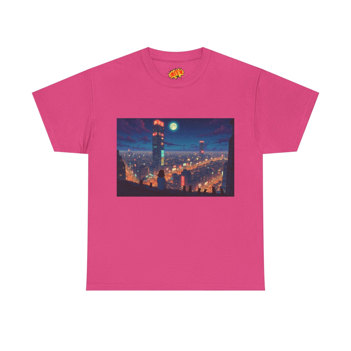 Neon Anime Style City Scene w/Girl & Cats T-Shirt *Multiple Colors*